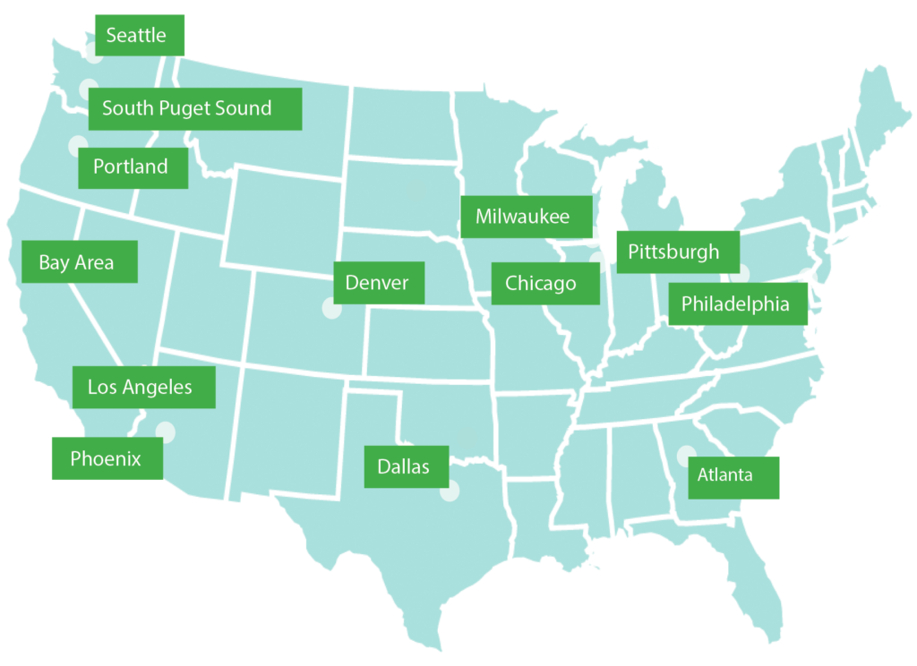 Map of various cities Bankwork$ has worked in including Atlanta, Pittsburgh, Philadelphia, Chicago, Milwaukee, Denver, Dallas, Los Angeles, Phoenix, Bay Area (CA), Portland, South Puget Sound, and Seattle.